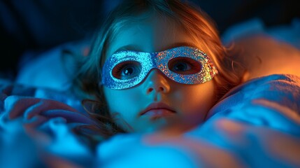 young girl is cozily tucked into pastel colored bed wearing glittery sleep mask. soft glow of nightlight enhances serene atmosphere and magical mood bedtime.