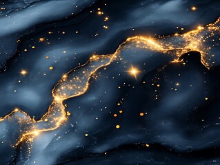 Abstract Gold Glitter Swirls On Dark Blue Background