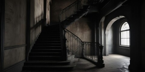 Dark and forbidding staircase in an old building, narrow, creepy, architecture