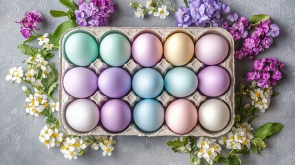 A vibrant close-up of a carton of eggs surrounded by colorful flowers, capturing the essence of Easter celebrations.
