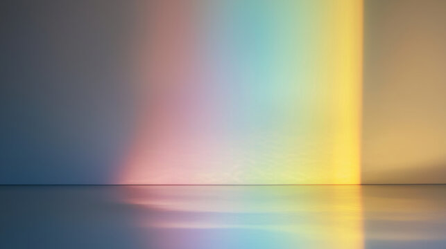 subtle rainbow light reflection on glass surface creates serene atmosphere, showcasing soft hues of color blending beautifully