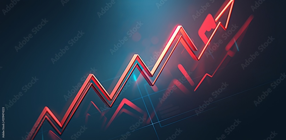 Aufkleber red arrow pointing upward on a graph line, isolated on a white background