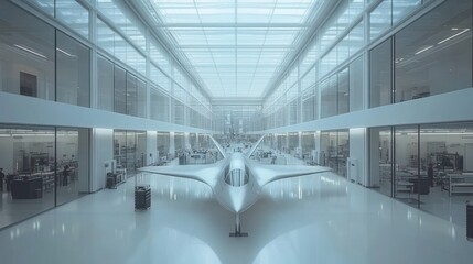 Airplane in white, glass lab.