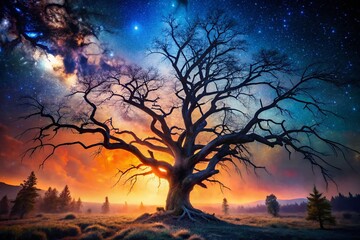 Fototapeta premium Spooky Halloween Dead Tree Night Photography - Creepy Branches Silhouette Against Dark Sky