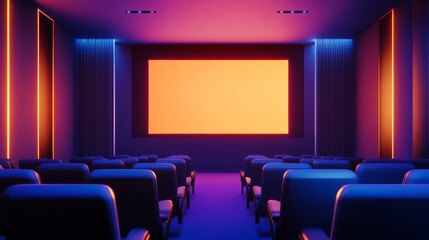 Modern cinema interior with empty seats, vibrant lighting, and a large blank screen ready for a movie