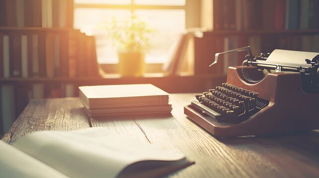 Vintage typewriter on wooden desk, bookshelves background, writing