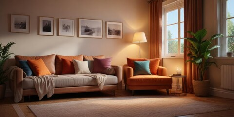 Fototapeta premium Cozy reading nook with plush furniture and warm lighting, peaceful retreat, calming colors, quiet sanctuary