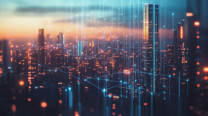 Obraz premium Smart digital Innovation city with connection network reciprocity over the twilight cityscape. of future smart wireless digital city and social media networking systems that connects people with city 