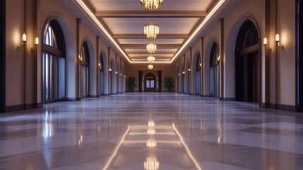 Elegant hallway with chandeliers and polished marble floor, featuring arched doorways and plants
