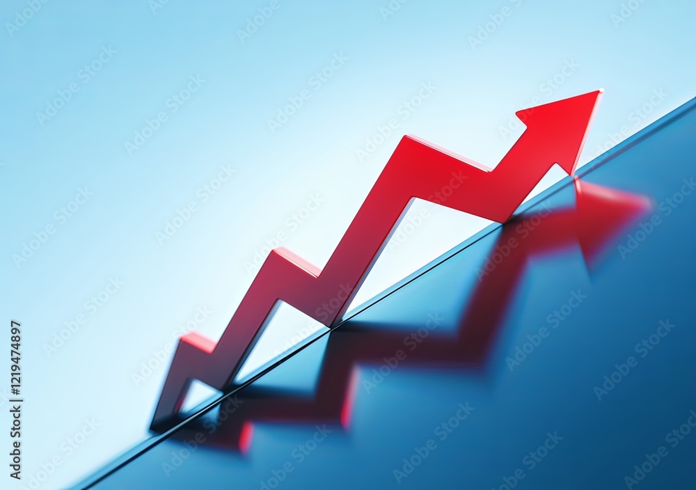 Aufkleber red arrow pointing upward on a graph line, isolated on a white background