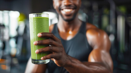 Man is holding a glass of green juice