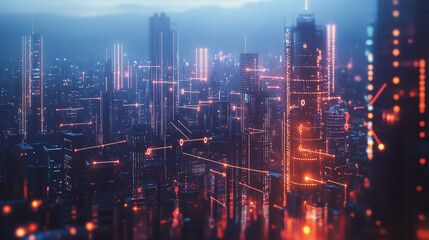Fototapeta premium Smart digital Innovation city with connection network reciprocity over the twilight cityscape. of future smart wireless digital city and social media networking systems that connects people with city 