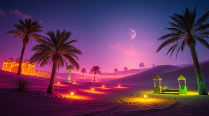 A vibrant, glowing desert scene in a surreal style features bioluminescent