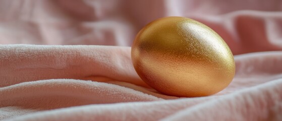 A shiny golden egg rests elegantly on a soft pink cloth, symbolizing Easter joy and celebration.