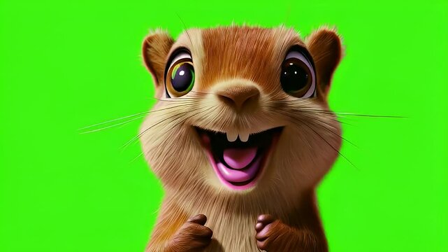 Happy cartoon squirrel, green screen, animation, joyful expression, children's media