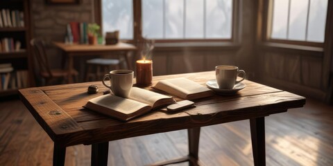 Coffee and book on a rustic wooden table in a quiet room , wooden table, interior, rustic