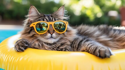 A fluffy cat wearing oversized sunglasses and lounging on a mini pool float, playful style, ultra-realistic and sharp