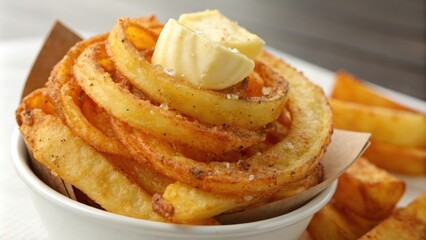 Close-up shot of spiral fried potato with a pat of butter on top, food, drips, photography