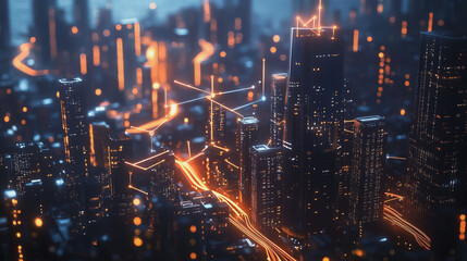 Obraz premium Smart digital Innovation city with connection network reciprocity over the twilight cityscape. of future smart wireless digital city and social media networking systems that connects people with city 