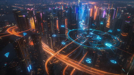 Fototapeta premium Smart digital Innovation city with connection network reciprocity over the twilight cityscape. of future smart wireless digital city and social media networking systems that connects people with city 