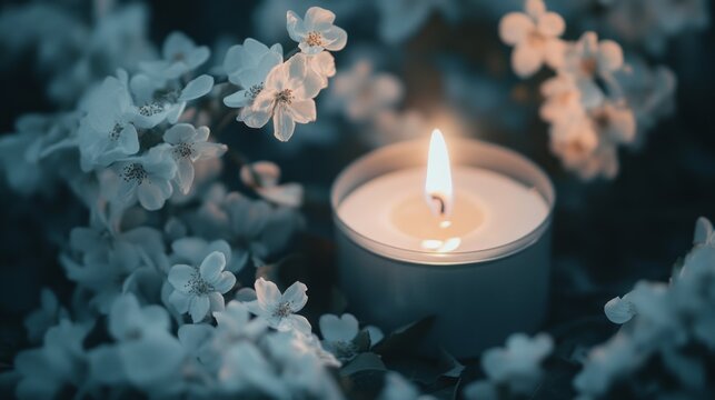 Lit candle surrounded by blossoms, remembrance, peaceful scene, sympathy card