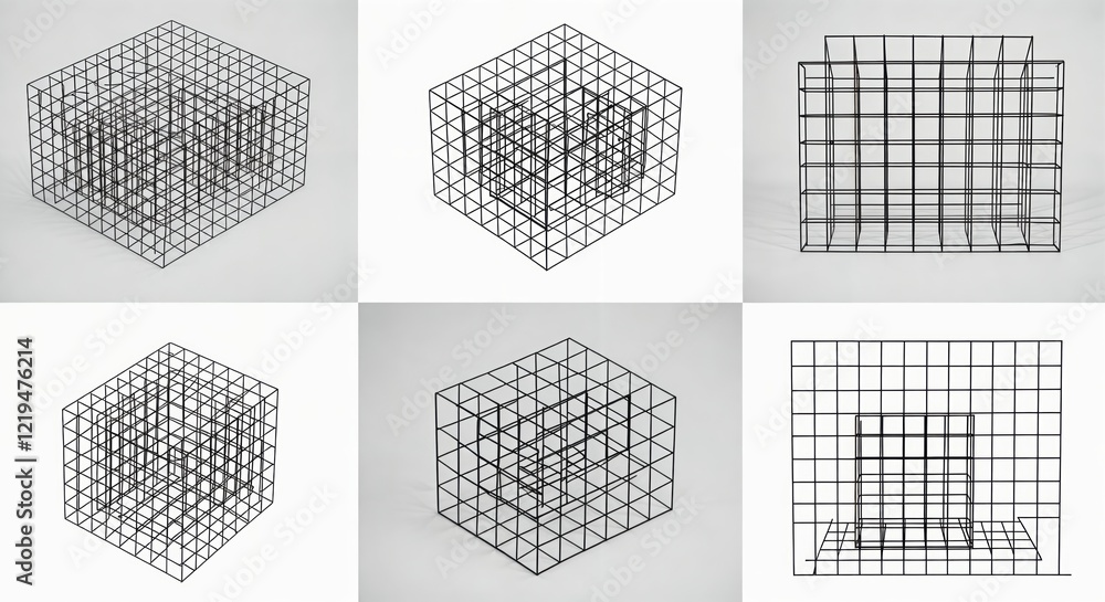 Poster geometric grid cubes in minimalist layout featuring symmetrical wireframe designs