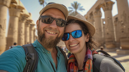 Obraz premium The man is wearing a blue shirt and sunglasses, while the woman is wearing a hat