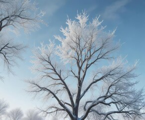 frosted tree branches stretching towards the sky under a pale blue winter sky, snow, serene, peaceful