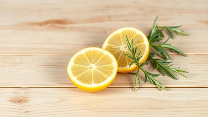 Fresh organic lemon cut in half on a clean wooden surface with a sprig of rosemary leaves isolated on white background with clipping path, still life, organic, clipping path