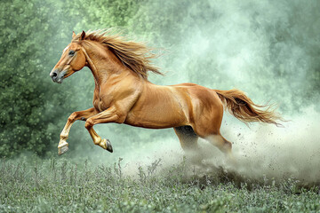 Obraz premium magnificent horse gallops freely across lush meadow raising clouds of dust and grass each powerful stride vibrant and dynamic lighting captures beauty of nature.