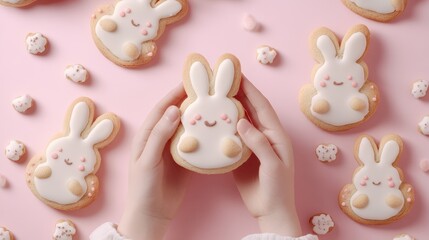 Obraz premium A hand holds a decorated cookie with white frosting against a vibrant pink background, perfect for Easter celebrations.