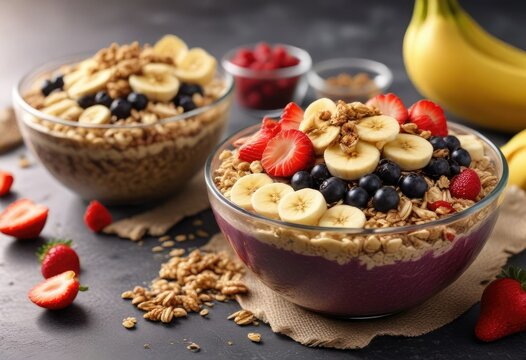Fresh acai berry bowl with creamy banana and strawberry toppings and crunchy granola on top, aii bowls, vibrant colors