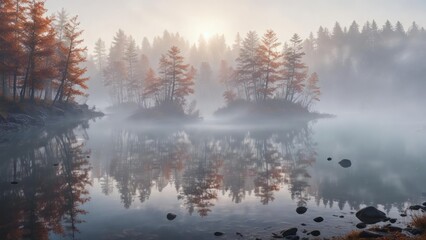 Foggy morning atmosphere over the lake's surface, morning, atmosphere