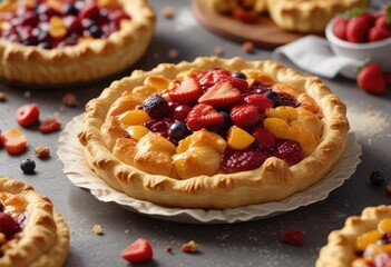 Flaky pastry crust surrounds a rich fruit filling, with a crumbly topping,  pastry, fruit