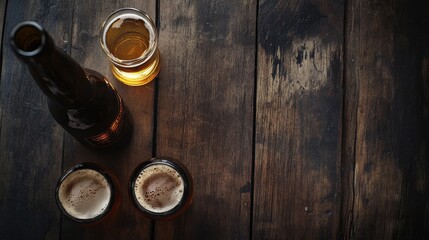 Beer style- bottle, beer in the glass and covers on wooden table. Free space for text. Top view