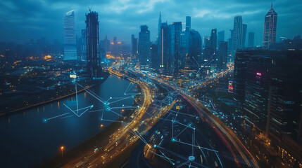 Obraz premium Smart digital Innovation city with connection network reciprocity over the twilight cityscape. of future smart wireless digital city and social media networking systems that connects people with city 
