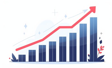 Fototapeta premium an Upward Graph with a Red Arrow Pointing Up and to the Right at the End of the Bar Chart on a White Background.