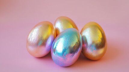 Three shiny metallic eggs rest on a soft pink surface, capturing the essence of Easter festivities and colorful celebrations.
