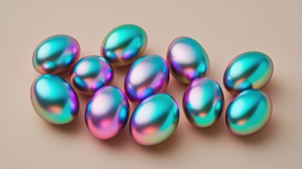 Fototapeta premium A vibrant collection of shiny, colorful eggs arranged on a table, celebrating the festive spirit of Easter.
