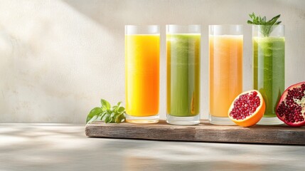 Fototapeta premium a vibrant assortment of freshly squeezed juices in tall, clear glasses, including orange, apple