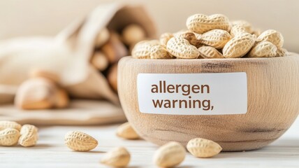Allergen awareness theme with peanuts in wooden bowl for health and safety design