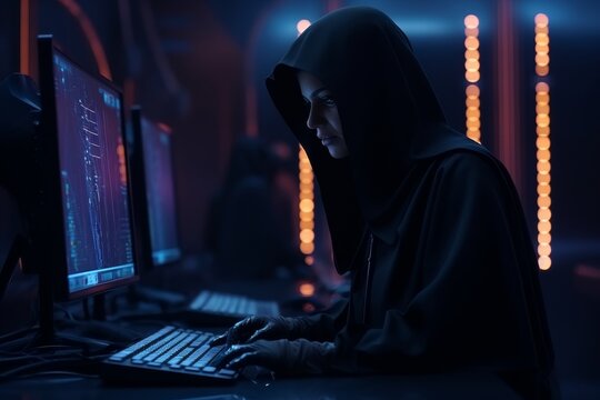 woman in hood, leather gloves, computer hacker, scammer, using laptop, internet fraud