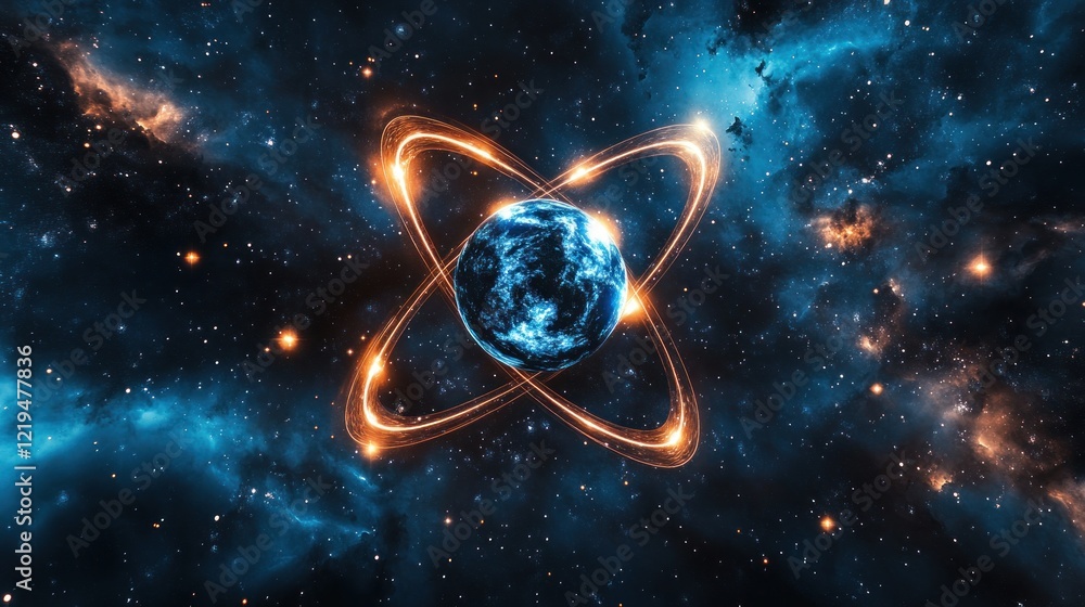 Poster atom with glowing orbits in space.