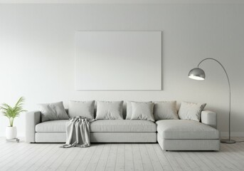 Minimalist living room, white brick wall, large gray sectional sofa, floor lamp with arched design, potted plant, abstract wall art, neutral color palette, modern interior design, natural light, cozy 
