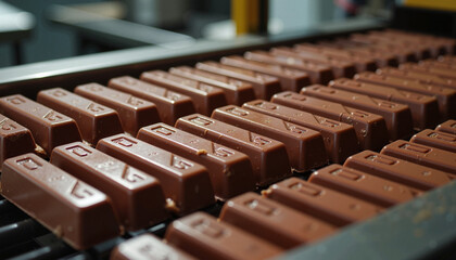 Obraz premium Chocolate Bars Lined Up in a Factory Production Line