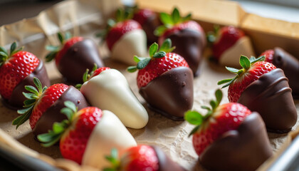 Fototapeta premium Chocolate-Covered Strawberries on a Wooden Tray with White Chocolate Drizzle