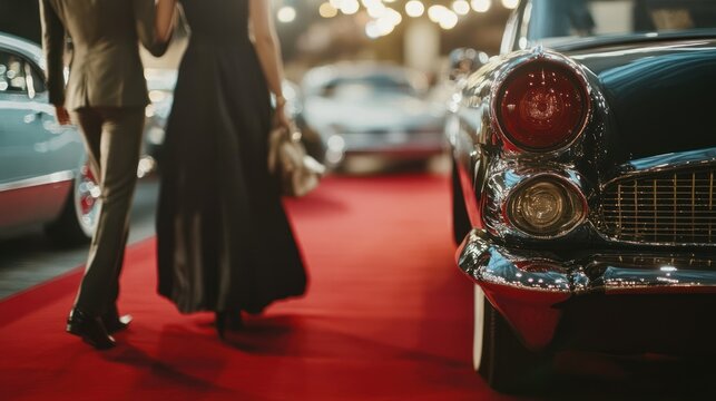 A couple walks on a red carpet beside vintage cars at a glamorous event.