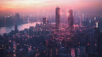 Fototapeta premium Smart digital Innovation city with connection network reciprocity over the twilight cityscape. of future smart wireless digital city and social media networking systems that connects people with city 