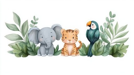 Obraz premium A watercolor illustration of a baby elephant, tiger cub, and parrot surrounded by tropical plants