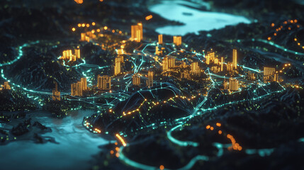 Fototapeta premium Smart digital Innovation city with connection network reciprocity over the twilight cityscape. of future smart wireless digital city and social media networking systems that connects people with city 